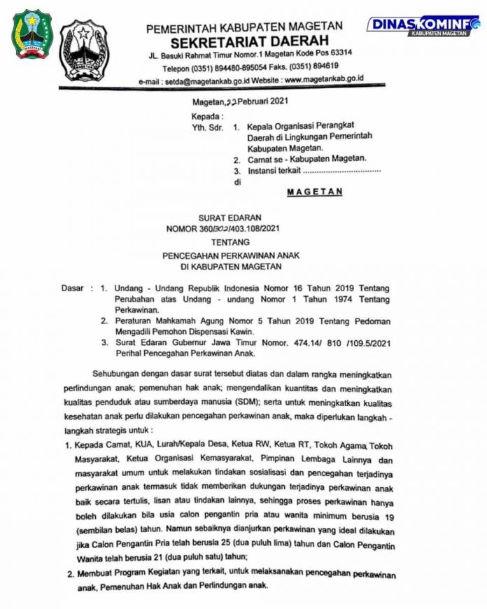 Pemerintah Kabupaten Magetan menghimbau Cegah Perkawinan Anak di Bawah Umur
